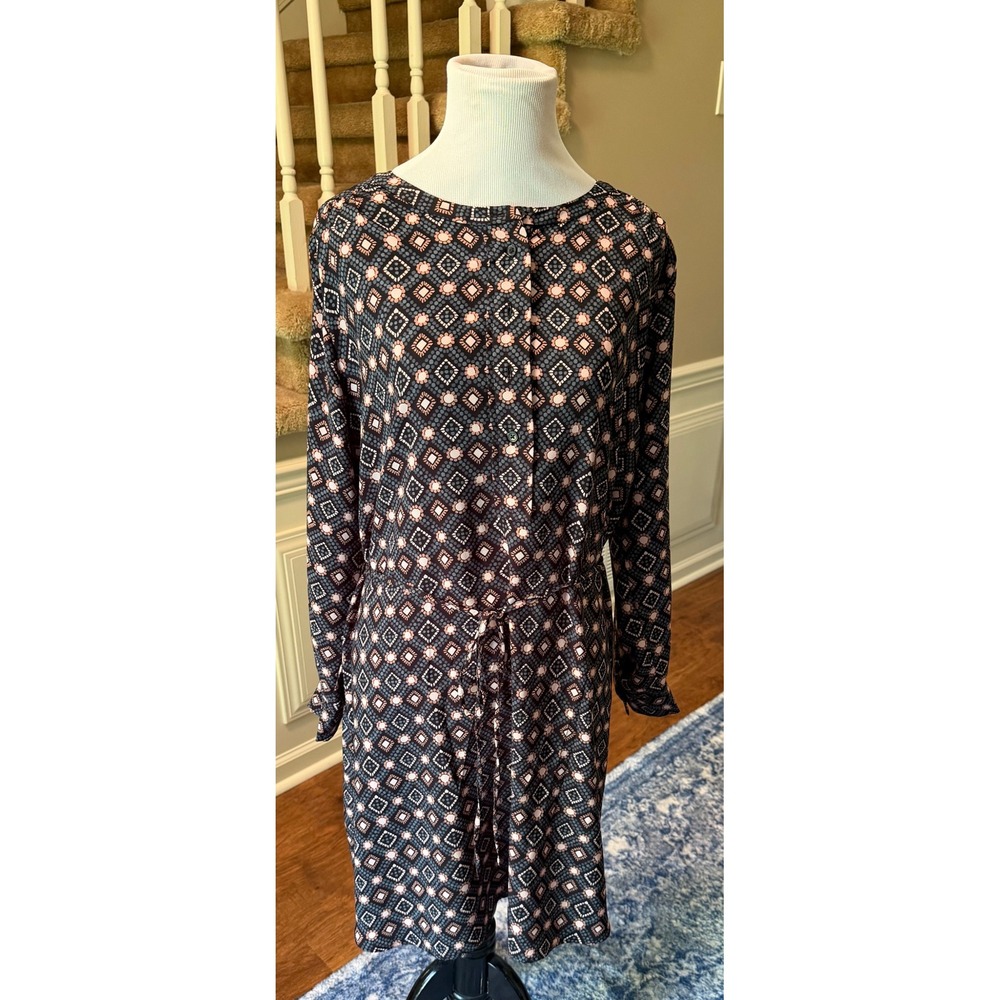 Loft Outlet Petite L Geometric Mosaic Print Button Front Tie Waist Dress LP